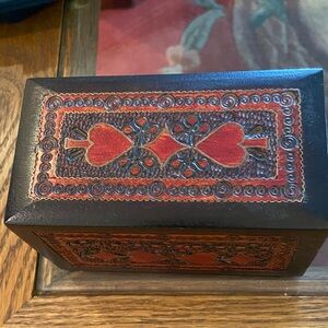 Carved wooden card box and 2 decks of beautiful cards